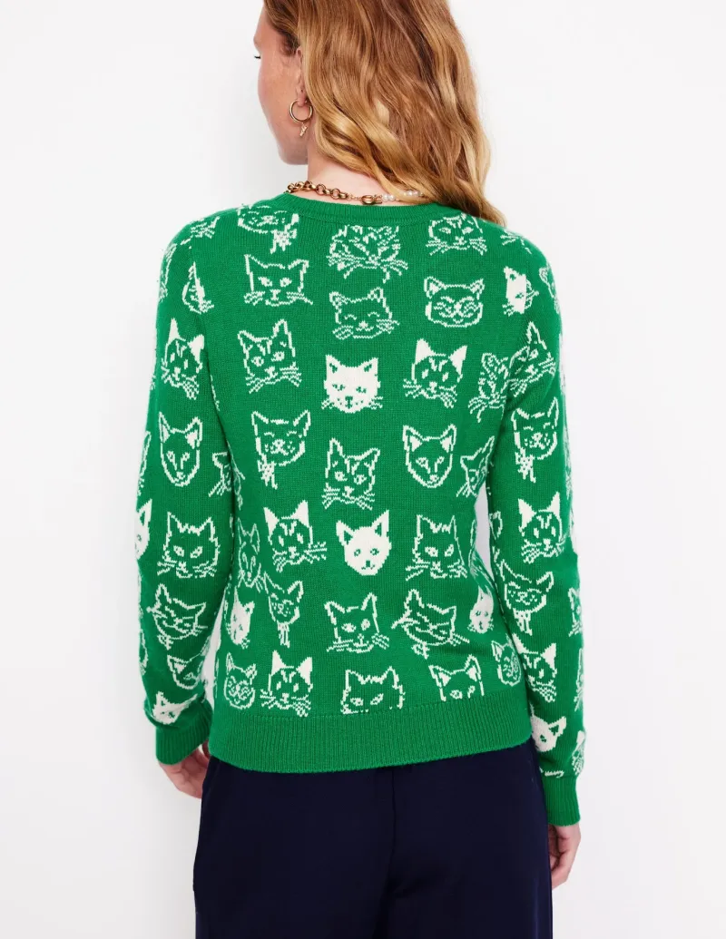 Sweaters & Cardigans-Boden Heather Jacquard Sweater-Rich Emerald Green, Cats RichEmeraldGreen,Cats
