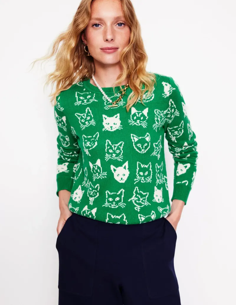 Sweaters & Cardigans-Boden Heather Jacquard Sweater-Rich Emerald Green, Cats RichEmeraldGreen,Cats