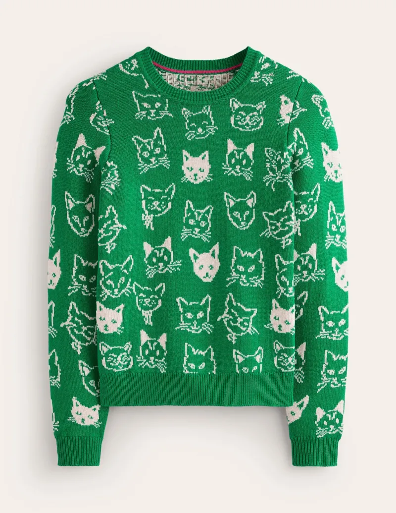 Sweaters & Cardigans-Boden Heather Jacquard Sweater-Rich Emerald Green, Cats RichEmeraldGreen,Cats
