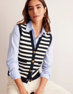 Sweaters & Cardigans-Boden Holly Knitted Waistcoat-Navy and Ivory Stripe NavyandIvoryStripe