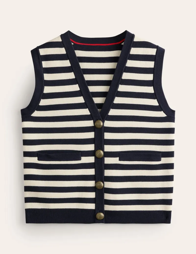 Sweaters & Cardigans-Boden Holly Knitted Waistcoat-Navy and Ivory Stripe NavyandIvoryStripe