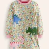 Dresses-Boden Ida Sweatshirt Appliqué Dress-Multi Meadow Floral Dinosaurs MultiMeadowFloralDinosaurs