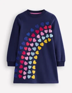 Dresses-Boden Ida Sweatshirt Appliqué Dress-College Navy Rainbow Hearts CollegeNavyRainbowHearts
