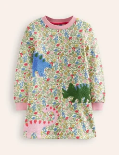 Dresses-Boden Ida Sweatshirt Appliqué Dress-Multi Meadow Floral Dinosaurs MultiMeadowFloralDinosaurs