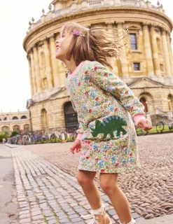 Dresses-Boden Ida Sweatshirt Appliqué Dress-Multi Meadow Floral Dinosaurs MultiMeadowFloralDinosaurs