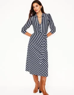 Dresses & Jumpsuits | Midi-Boden Imogen Collared Jersey Dress-French Navy and Ivory Stripe FrenchNavyandIvoryStripe
