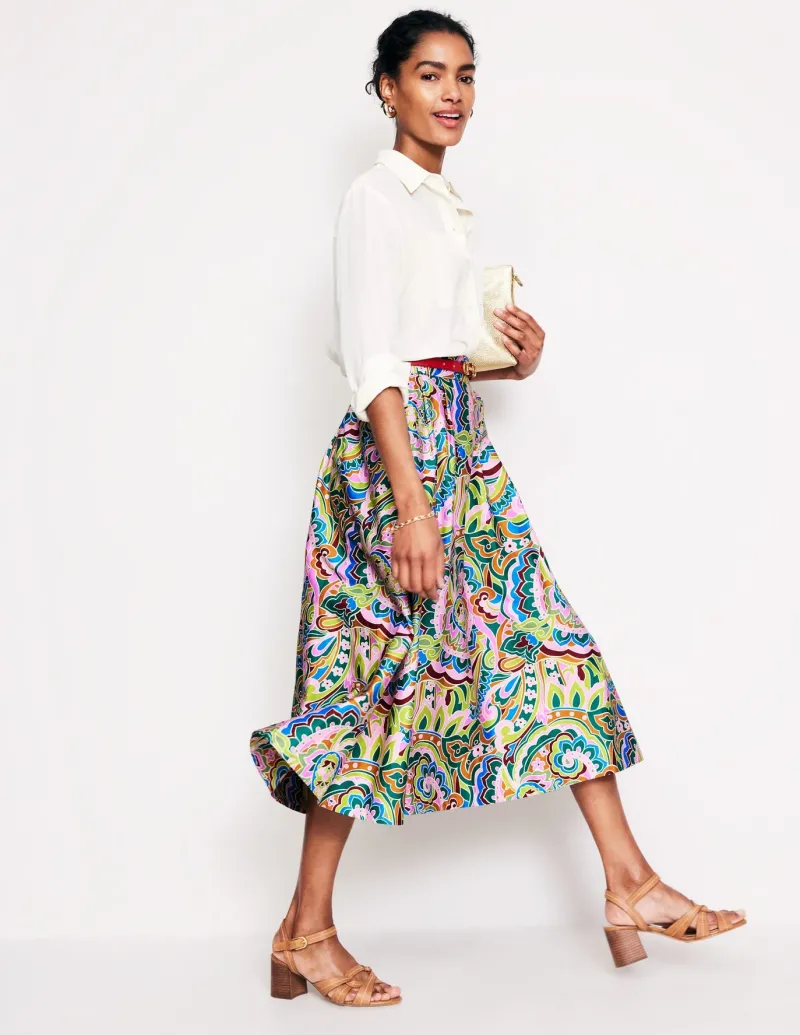 Skirts-Boden Isabella Cotton Sateen Skirt-Multi, Paisley Pome Multi,PaisleyPome