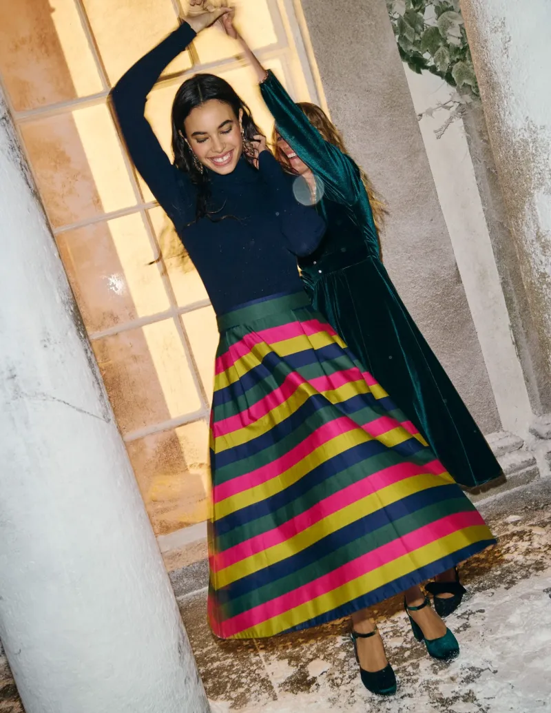 Skirts-Boden Isabella Cotton Sateen Skirt-Pine, Multi Stripe Pine,MultiStripe