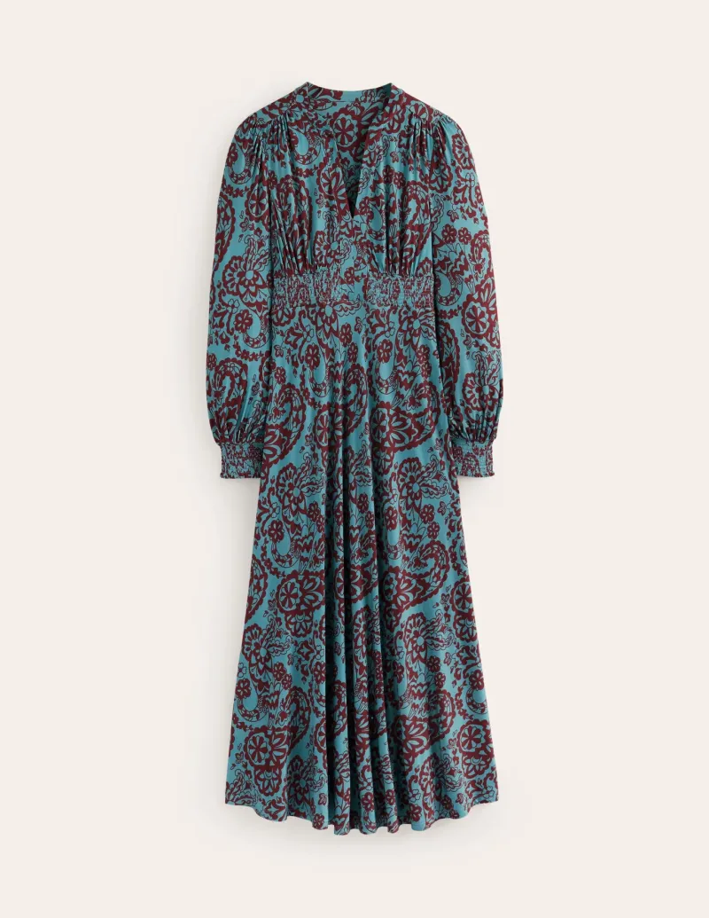 Petite Dresses | Midi-Boden Ivy Smocked Midi Dress-Blue Grass, Paisley Cascade BlueGrass,PaisleyCascade