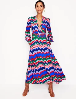 Petite Dresses | Midi-Boden Ivy Smocked Midi Dress-Multi, Abstract Wave Multi,AbstractWave