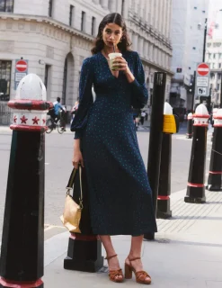 Petite Dresses | Midi-Boden Ivy Smocked Midi Dress-Navy, Sparse Spot Navy,SparseSpot