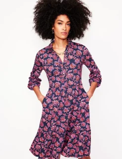 Petite Dresses | Short-Boden Jemima Tiered Jersey Dress-Navy, Floret Cascade Navy,FloretCascade