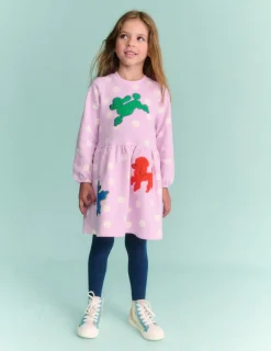Dresses-Boden Joan Boucle Appliqué Dress-Sugared Lilac Spot Dogs SugaredLilacSpotDogs