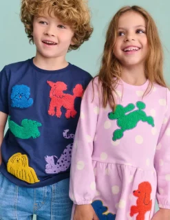 Dresses-Boden Joan Boucle Appliqué Dress-Sugared Lilac Spot Dogs SugaredLilacSpotDogs