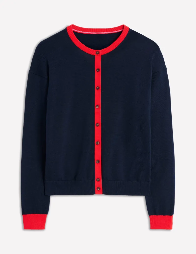 Sweaters & Cardigans-Boden Lara Relaxed Cotton Cardigan-Navy, Poppy Red Navy,PoppyRed