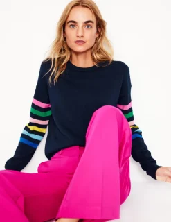 Sweaters & Cardigans-Boden Lara Relaxed Cotton Jumper-Navy Rainbow Sleeve Stripe NavyRainbowSleeveStripe
