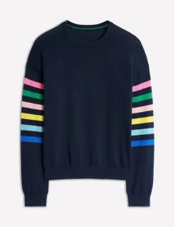 Sweaters & Cardigans-Boden Lara Relaxed Cotton Jumper-Navy Rainbow Sleeve Stripe NavyRainbowSleeveStripe