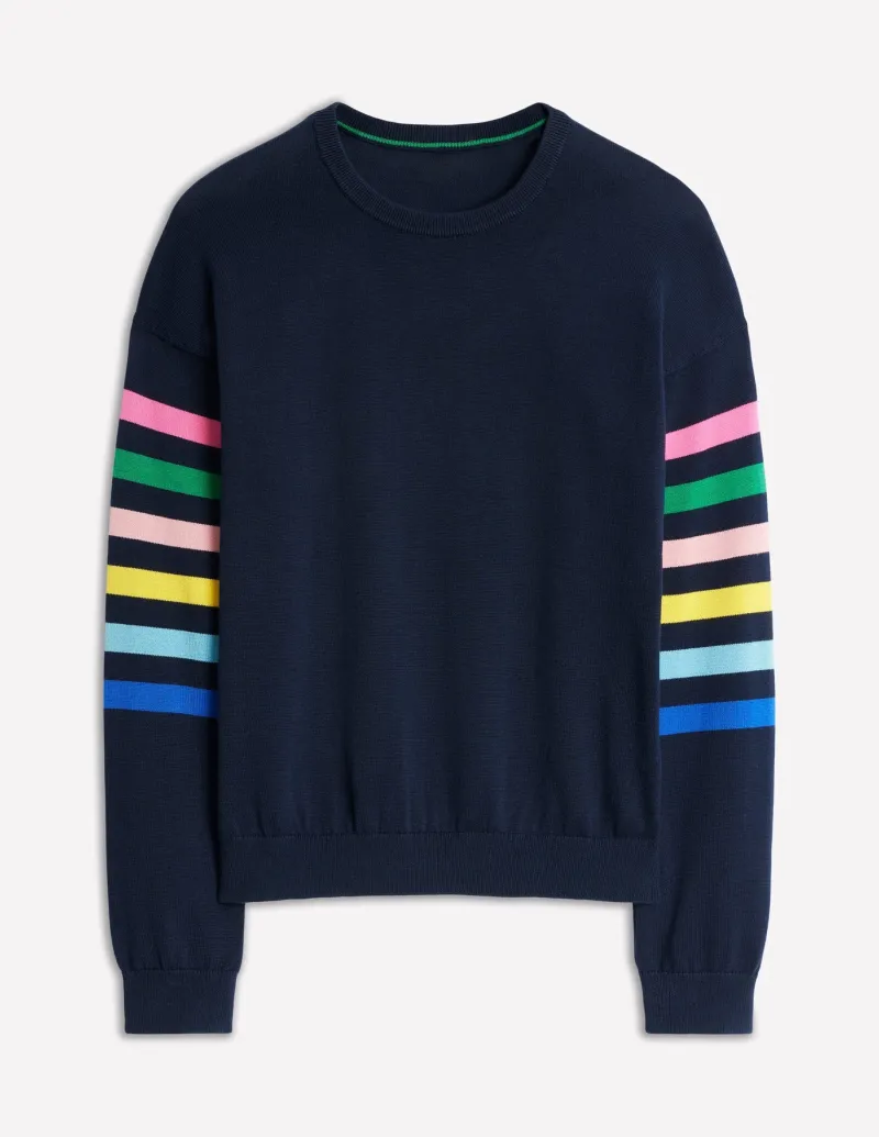 Sweaters & Cardigans-Boden Lara Relaxed Cotton Jumper-Navy Rainbow Sleeve Stripe NavyRainbowSleeveStripe
