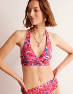 Swimwear-Boden Levanzo Halter Bikini Top-Pink, Botanical Wave Pink,BotanicalWave