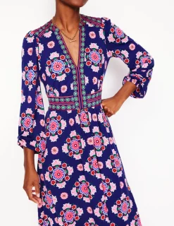 Dresses & Jumpsuits | Midi-Boden Lily Long Sleeve Midi Dress-Starboard Blue, Meadow Posy StarboardBlue,MeadowPosy