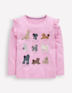 Tops & T-Shirts-Boden Long Sleeve Frill Logo Top-Bubblegum Pink Dogs BubblegumPinkDogs