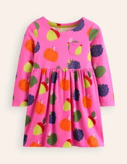 Dresses-Boden Long-Sleeved Fun Jersey Dress-Tickled Pink Autumn Friends TickledPinkAutumnFriends