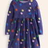 Dresses-Boden Long-Sleeved Fun Jersey Dress-College Navy Rainbow Apples CollegeNavyRainbowApples