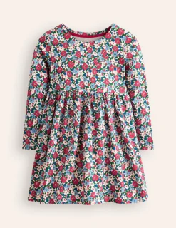 Dresses-Boden Long-Sleeved Fun Jersey Dress-Glacier Blue Winter Floral GlacierBlueWinterFloral