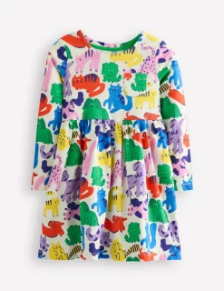 Dresses-Boden Long-Sleeved Fun Jersey Dress-Multi Oatmeal Rainbow Pets MultiOatmealRainbowPets