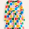 Dresses-Boden Long-Sleeved Fun Jersey Dress-Multi Chequerboard Hearts MultiChequerboardHearts