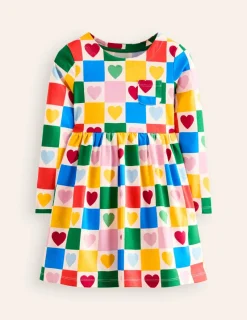 Dresses-Boden Long-Sleeved Fun Jersey Dress-Multi Chequerboard Hearts MultiChequerboardHearts