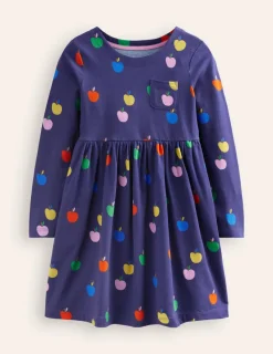 Dresses-Boden Long-Sleeved Fun Jersey Dress-College Navy Rainbow Apples CollegeNavyRainbowApples