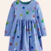 Dresses-Boden Long-Sleeved Fun Jersey Dress-Blue Marl Painted Spot BlueMarlPaintedSpot