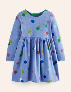 Dresses-Boden Long-Sleeved Fun Jersey Dress-Blue Marl Painted Spot BlueMarlPaintedSpot