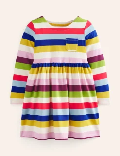Dresses-Boden Long-Sleeved Fun Jersey Dress-Rainbow Multi Stripe RainbowMultiStripe