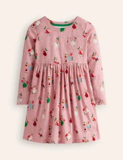 Dresses-Boden Long-Sleeved Fun Jersey Dress-Vintage Pink Festive Bunny VintagePinkFestiveBunny