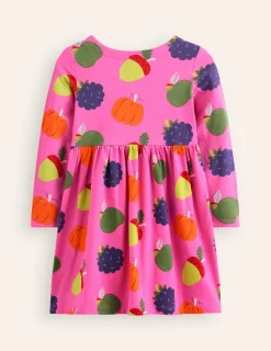 Dresses-Boden Long-Sleeved Fun Jersey Dress-Tickled Pink Autumn Friends TickledPinkAutumnFriends