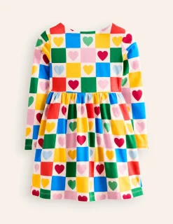 Dresses-Boden Long-Sleeved Fun Jersey Dress-Multi Chequerboard Hearts MultiChequerboardHearts