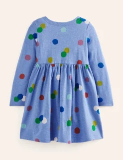 Dresses-Boden Long-Sleeved Fun Jersey Dress-Blue Marl Painted Spot BlueMarlPaintedSpot
