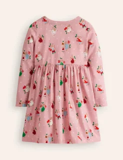 Dresses-Boden Long-Sleeved Fun Jersey Dress-Vintage Pink Festive Bunny VintagePinkFestiveBunny