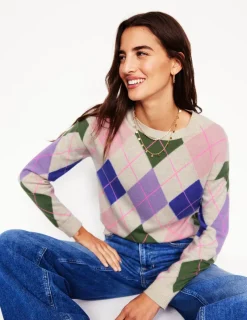 Sweaters & Cardigans-Boden Lydia Cashmere Jumper-Green and Lilac Multi Argyle GreenandLilacMultiArgyle