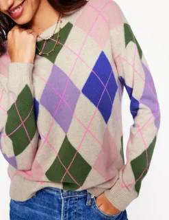 Sweaters & Cardigans-Boden Lydia Cashmere Jumper-Green and Lilac Multi Argyle GreenandLilacMultiArgyle