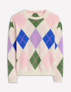 Sweaters & Cardigans-Boden Lydia Cashmere Jumper-Green and Lilac Multi Argyle GreenandLilacMultiArgyle