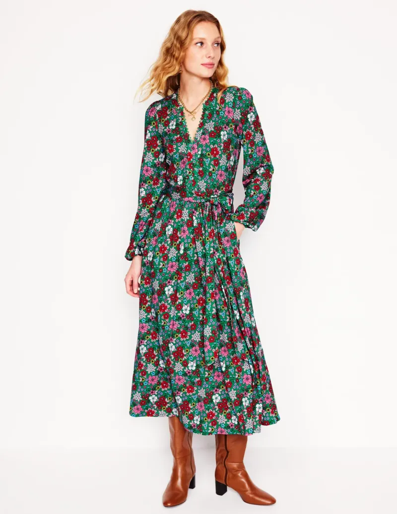 Dresses & Jumpsuits | Midi-Boden Maeve Trim Jersey Midi Dress-Rich Emerald, Blossom Scatter RichEmerald,BlossomScatter