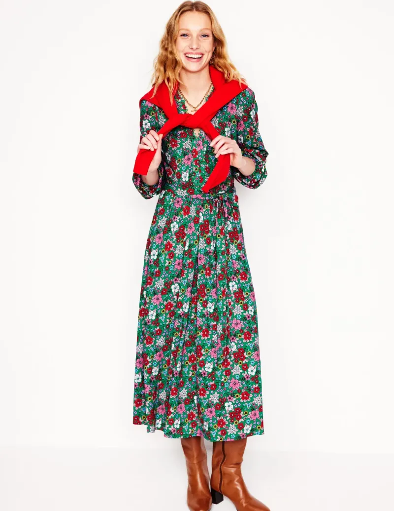 Dresses & Jumpsuits | Midi-Boden Maeve Trim Jersey Midi Dress-Rich Emerald, Blossom Scatter RichEmerald,BlossomScatter