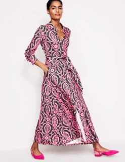 Petite Dresses | Midi-Boden Marcia Jersey Midi Shirt Dress-Party Pink, Foliage Stamp PartyPink,FoliageStamp