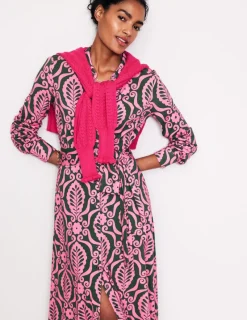 Petite Dresses | Midi-Boden Marcia Jersey Midi Shirt Dress-Party Pink, Foliage Stamp PartyPink,FoliageStamp