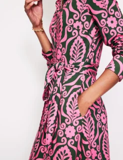 Petite Dresses | Midi-Boden Marcia Jersey Midi Shirt Dress-Party Pink, Foliage Stamp PartyPink,FoliageStamp