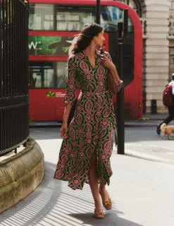 Petite Dresses | Midi-Boden Marcia Jersey Midi Shirt Dress-Party Pink, Foliage Stamp PartyPink,FoliageStamp