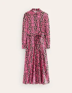 Petite Dresses | Midi-Boden Marcia Jersey Midi Shirt Dress-Party Pink, Foliage Stamp PartyPink,FoliageStamp
